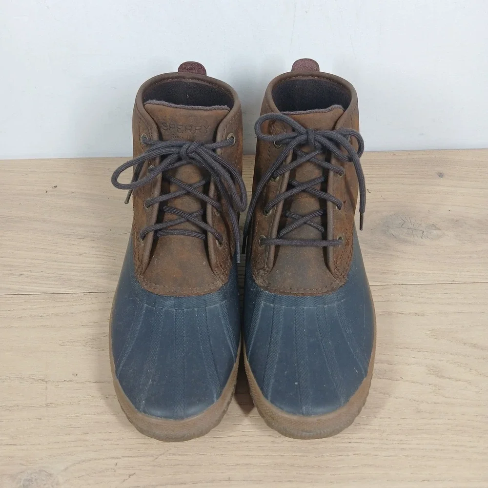 Sperry Duck Boots Mens 9.5 Brown Navy Leather Waterproof Lace Up Winter Boots